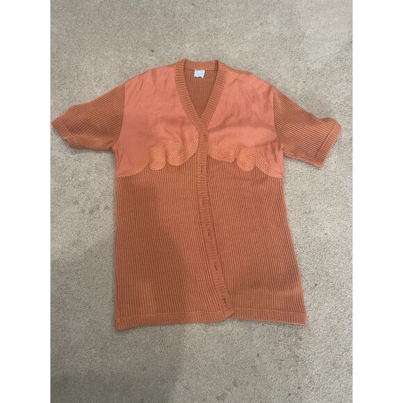 Ladies M V Neck Knee Length Ribbed Button‎ Cardigan Swirl Design Short Sleeve - Picture 2 of 12